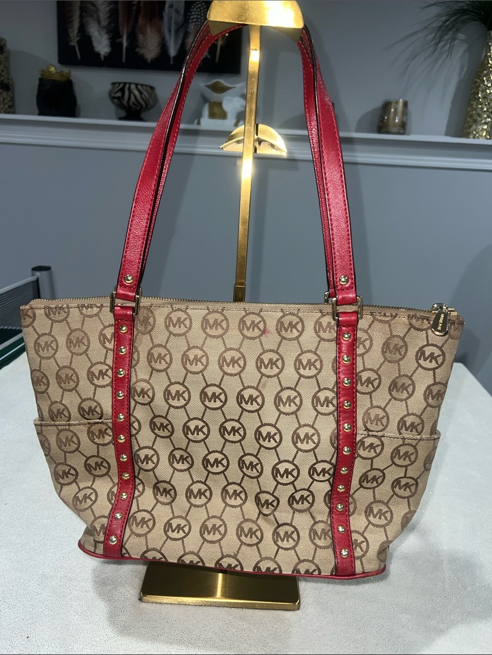 Michael Kors Beige Logo Tote with Red Trim - Picture 3 of 11